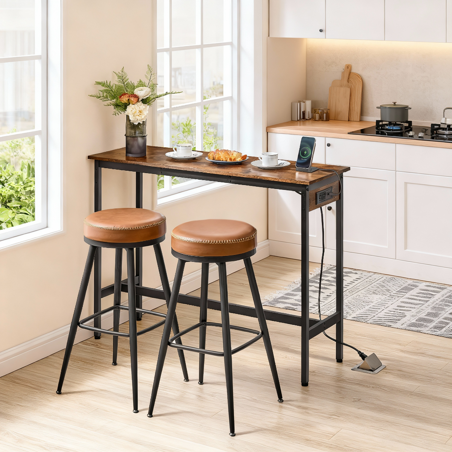 Narrow Bar Table with Charging Station, 47.2 Inch Kitchen Dining Table with USB Ports and Metal Frame, Rustic Brown and Ink Black