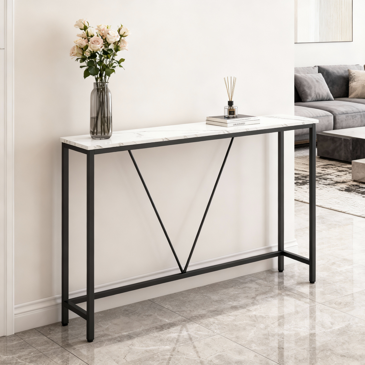 Narrow Console Sofa Table, 47.2-Inch Entryway Table with Steel Frame for Living Room and Bedroom, Marble White and Ink Black