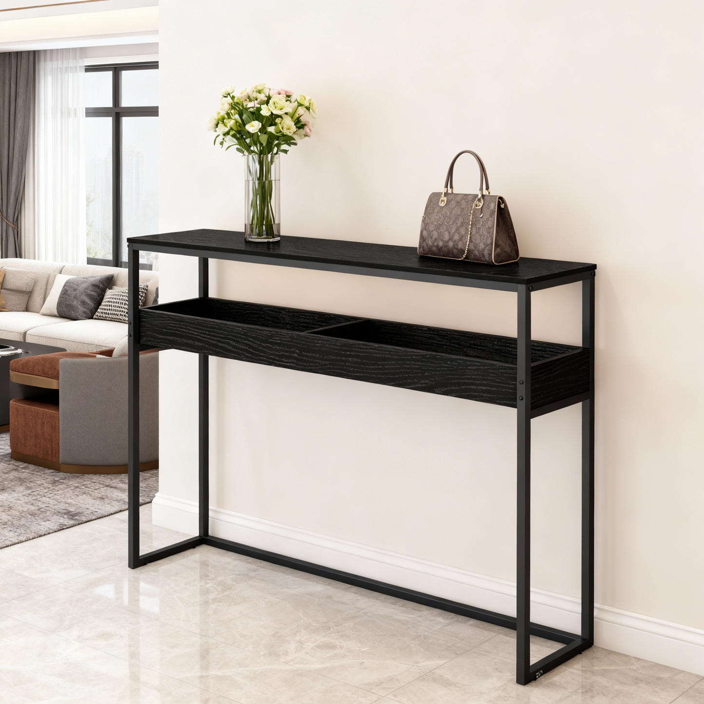 2-Tier Narrow Console Table, Semi-Open Compartment Entryway Table for Hallway and Living Room, Ebony Black and Ink Black