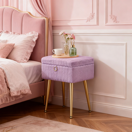 Vanity Stool with Storage and Removable Dividers, Makeup Stool and Footrest with Adjustable Feet for Bedroom and Living Room, Light Lilac