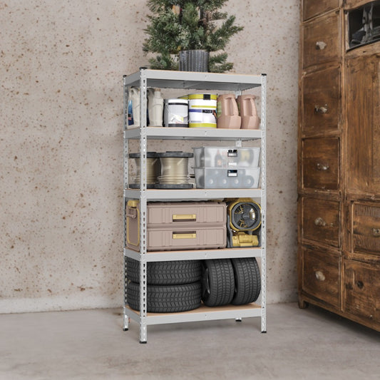 5-Tier Heavy Duty Storage Shelves, 2310 lb Capacity, Boltless Adjustable Shelving Unit, 17.7"x35.4"x70.9", for Garage Basement Study, Divisible into 2 Units, Silver,Beige