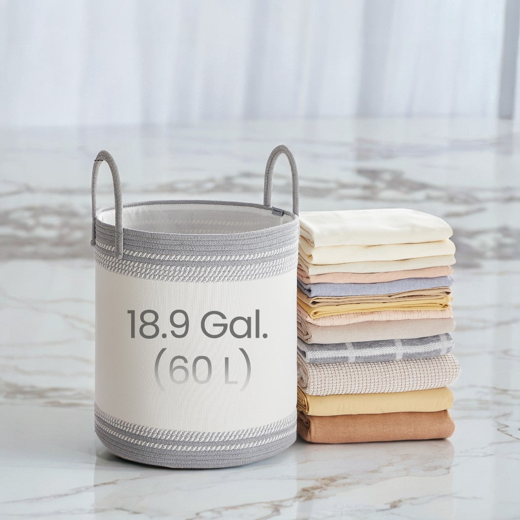 Laundry Hamper with Drawstring Lid, 60L (18.9 Gal) Large Capacity, Sturdy Poly-Cotton Blend & Reinforced Handles, for Clothes, Blankets, Bedroom, Living Room， Dove Gray