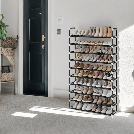 10-Tier Slim Shoe Rack for Entryway & Closet, Metal Frame with Non-Woven Shelves, Holds 40-50 Pairs, Space-Saving Design, Easy Assembly, Black