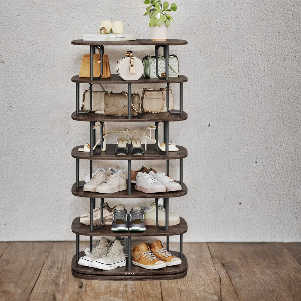 360° Rotating Shoe Rack – 5-Tier Freestanding Storage Organizer for 28+ Pairs, Entryway，Closet, Sturdy Steel & Particleboard, Ash Brown