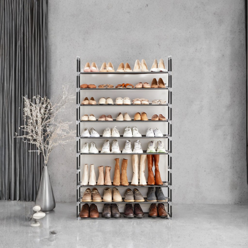 10-Tier Shoe Rack Organizer, Space-Saving, Metal Frame & Fabric Shelves, Adjustable Height, for Entryway, Bedroom, Closet, Black