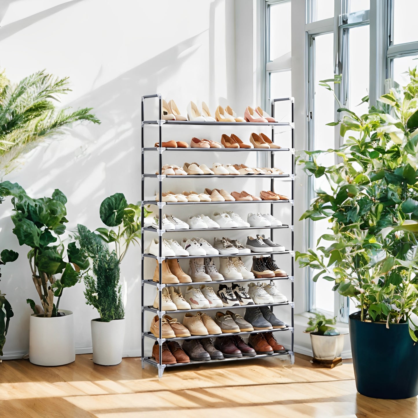 10-Tier Shoe Rack Organizer, Space-Saving, Metal Frame & Fabric Shelves, Adjustable Height, for Entryway, Bedroom, Closet, Black