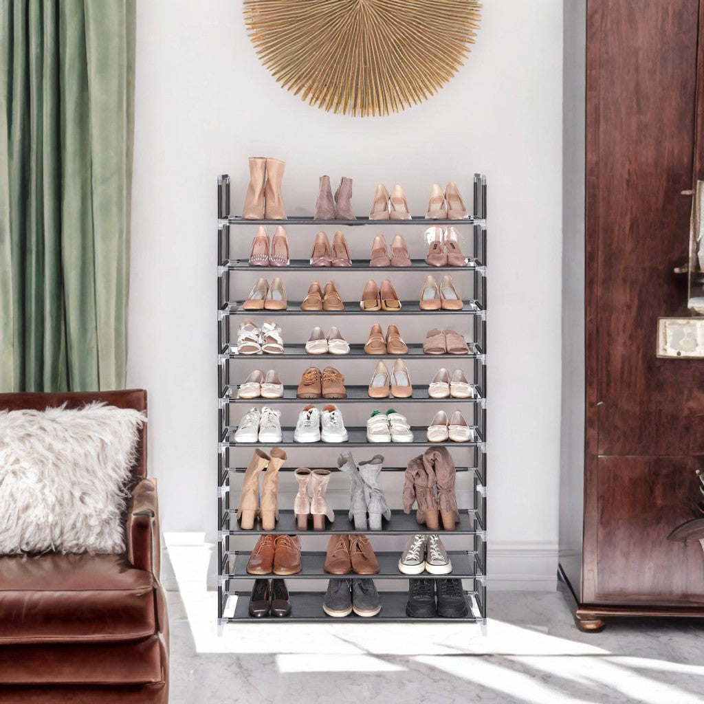 10-Tier Shoe Rack Organizer, Space-Saving, Metal Frame & Fabric Shelves, Adjustable Height, for Entryway, Bedroom, Closet, Black