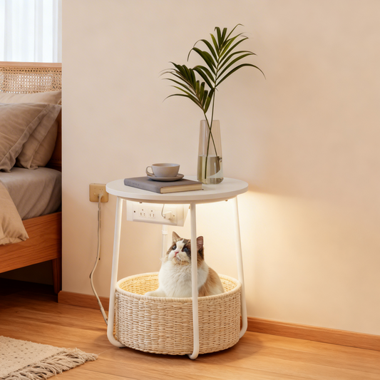 Round Side Table with Charging Station & LED Lights, End Table with Fabric Basket, Modern Nightstand for Living Room, Matte White and Camel Brown