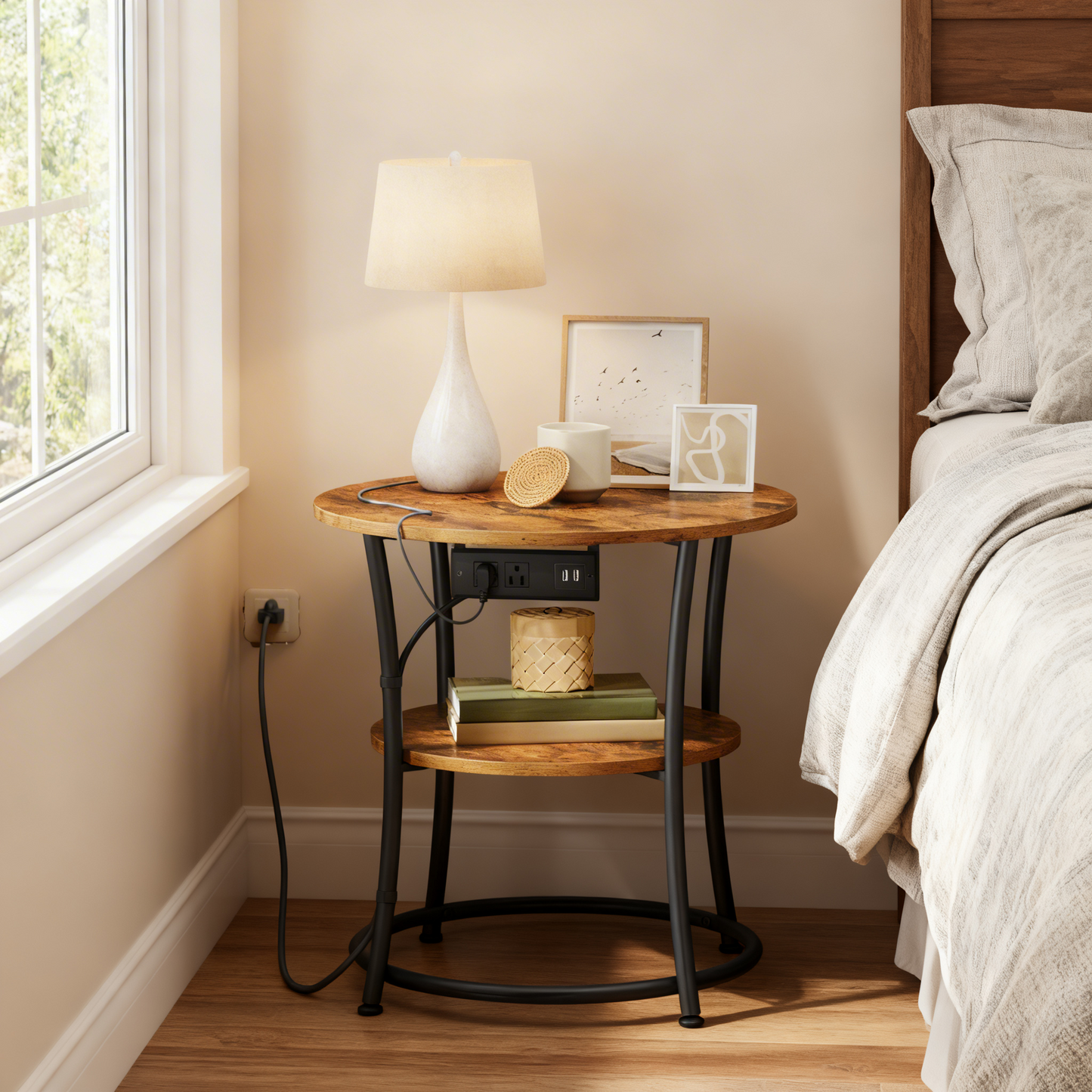 21.7-Inch Round Side Table with Power Outlets, 2-Tier End Table with Steel Frame, Nightstand for Living Room, Bedroom, Rustic Brown and Ink Black