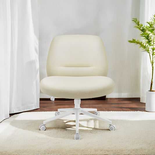 Swivel Office Chair with Wheels, Armless Cross Legged Design, Adjustable Height & Tilt, Wide Seat for Home Office Desk, Cream White