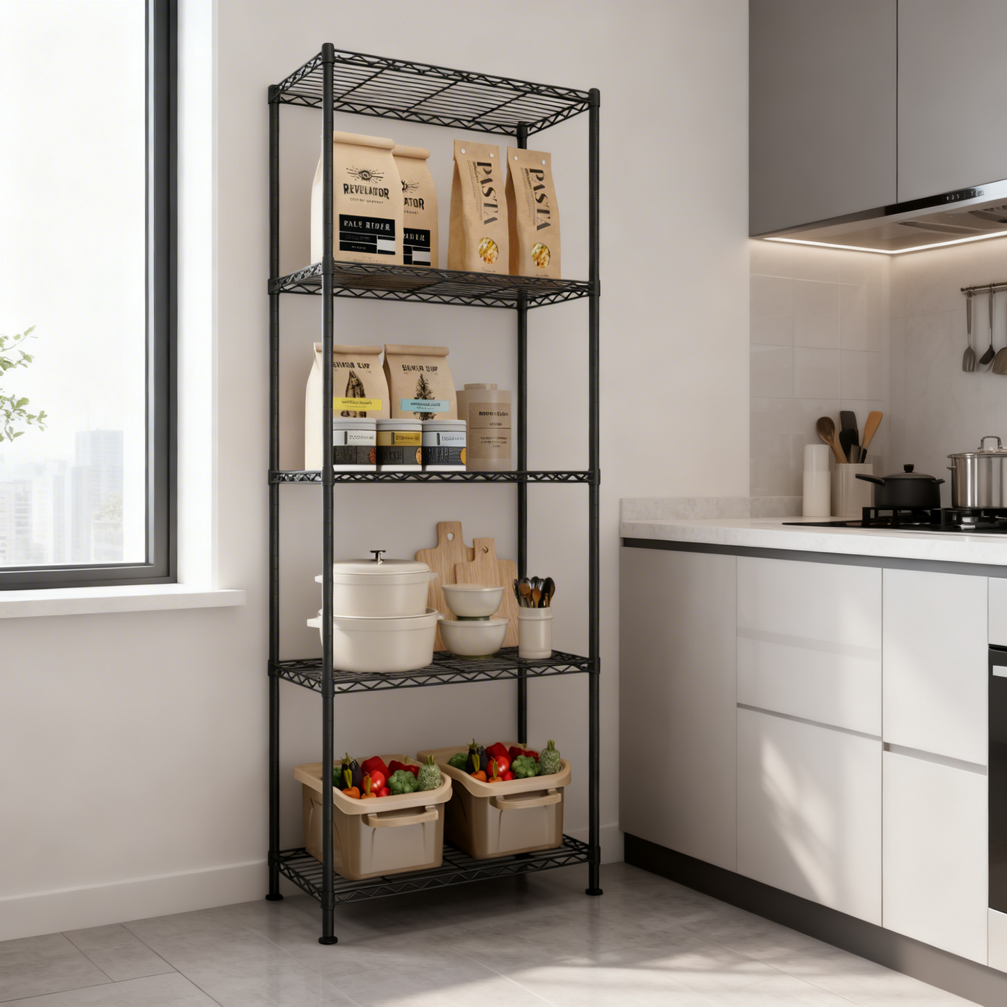 5-Tier Metal Wire Shelving Unit, Adjustable Storage Shelf with Steel Frame, for Garage, Kitchen, Pantry, 23.6 x 63.4 x 11.8 Inches, Ink Black