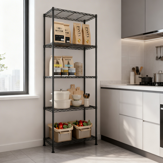 5-Tier Metal Wire Shelving Unit, Adjustable Storage Shelf with Steel Frame, for Garage, Kitchen, Pantry, 23.6 x 63.4 x 11.8 Inches, Ink Black