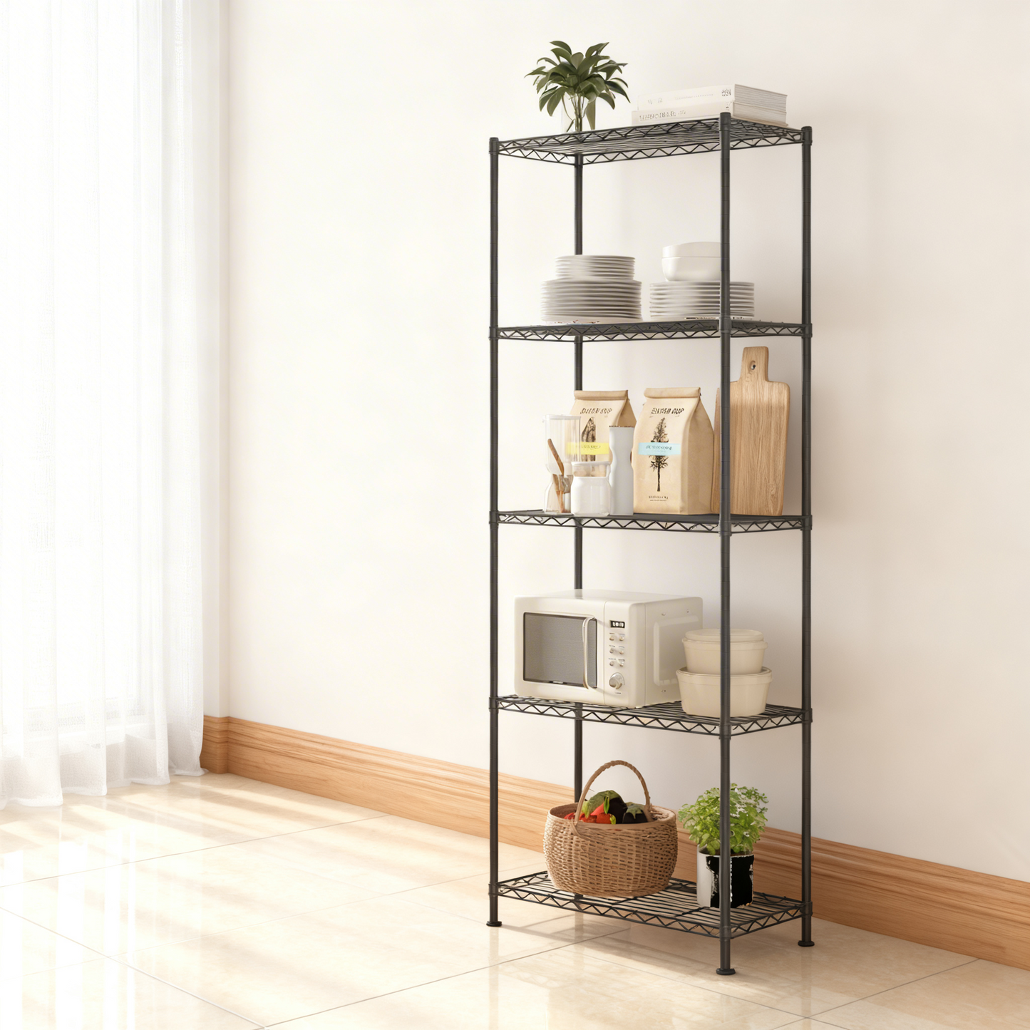 5-Tier Metal Wire Shelving Unit, Adjustable Storage Shelf with Steel Frame, for Garage, Kitchen, Pantry, 23.6 x 63.4 x 11.8 Inches, Ink Black