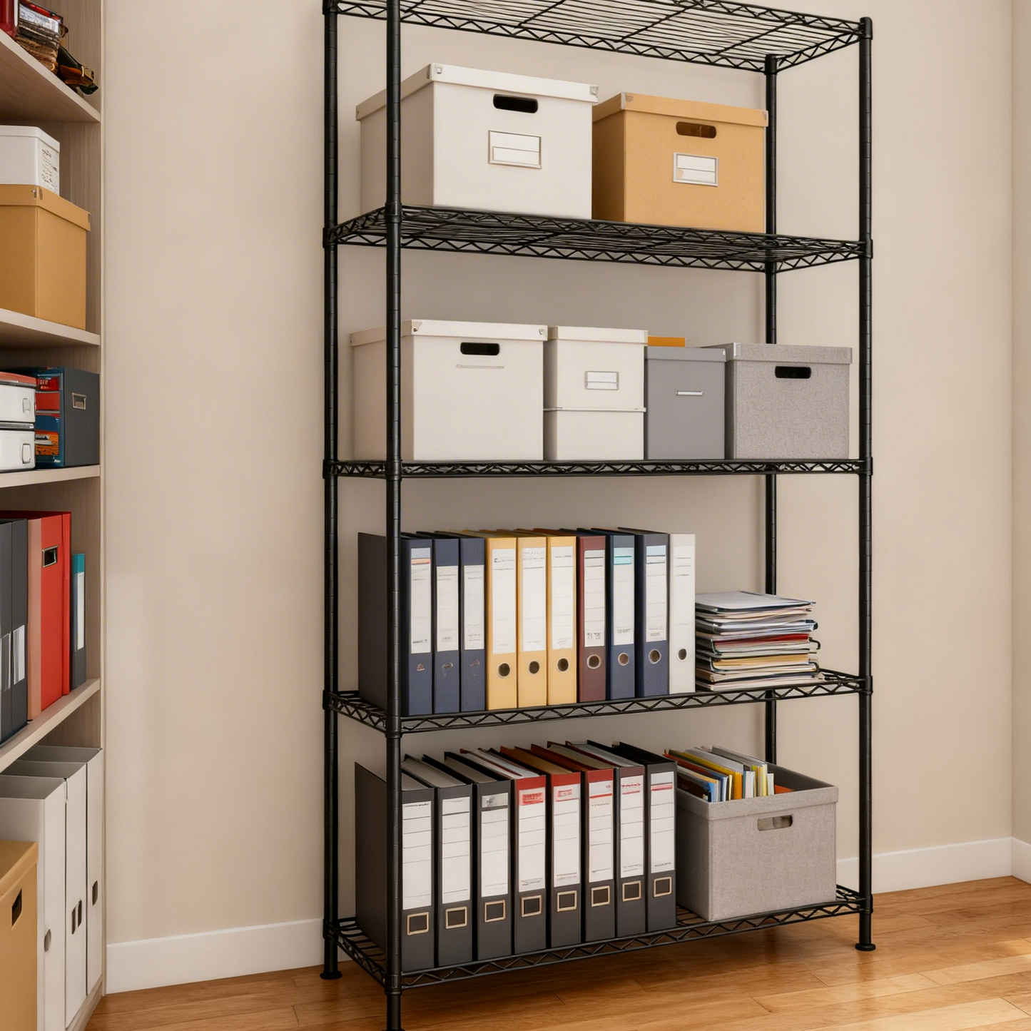 5-Tier Metal Wire Shelving Unit, Adjustable Storage Shelf with Steel Frame, for Garage, Kitchen, Pantry, 35.4 x 63 x 11.8 Inches, Ink Black