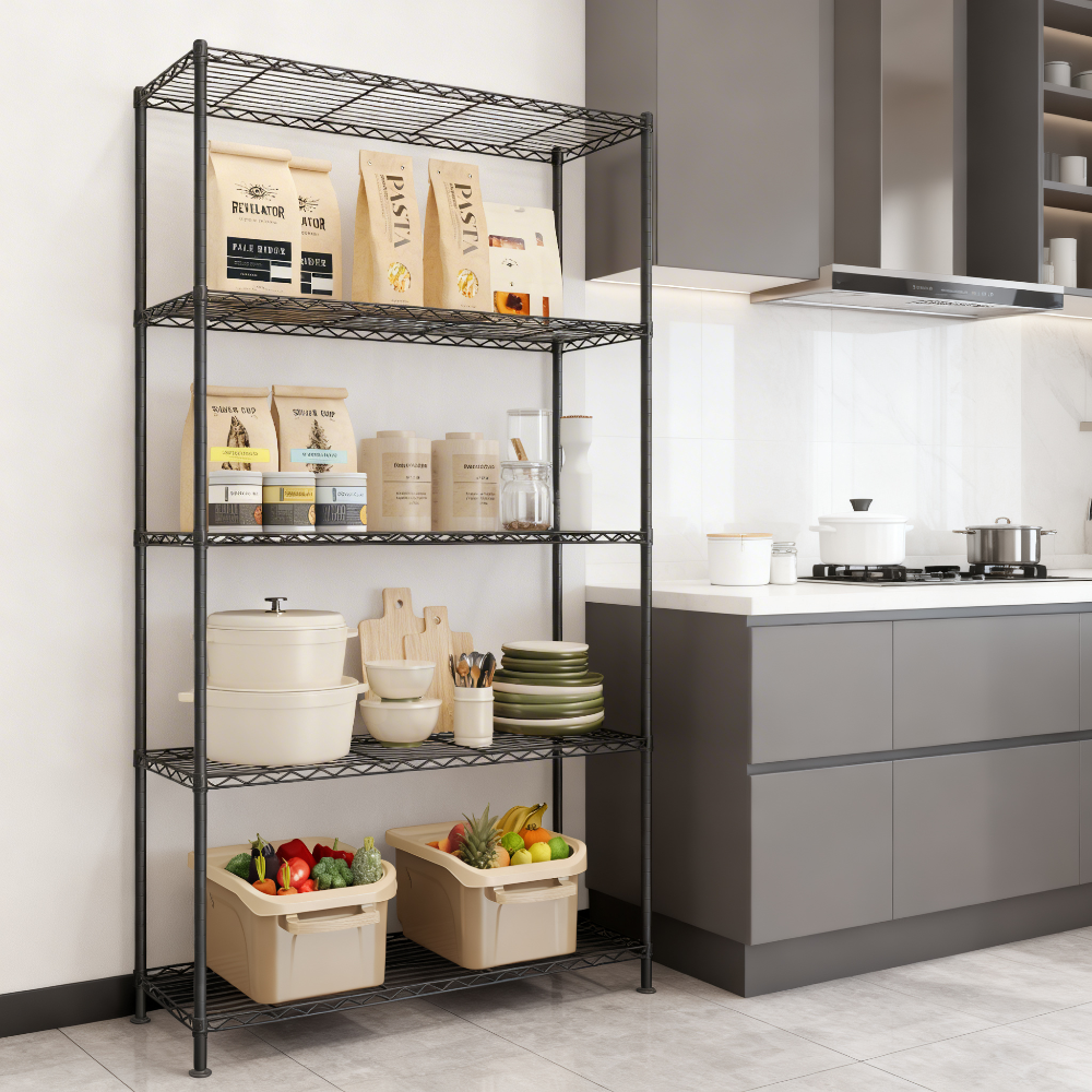 5-Tier Metal Wire Shelving Unit, Adjustable Storage Shelf with Steel Frame, for Garage, Kitchen, Pantry, 35.4 x 63 x 11.8 Inches, Ink Black