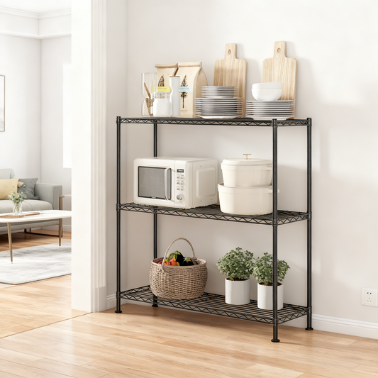 3-Tier Metal Wire Shelving Unit, Adjustable Storage Shelf with Steel Frame, for Garage, Kitchen, Pantry, 35.4 x 35.4 x 11.8 Inches, Ink Black
