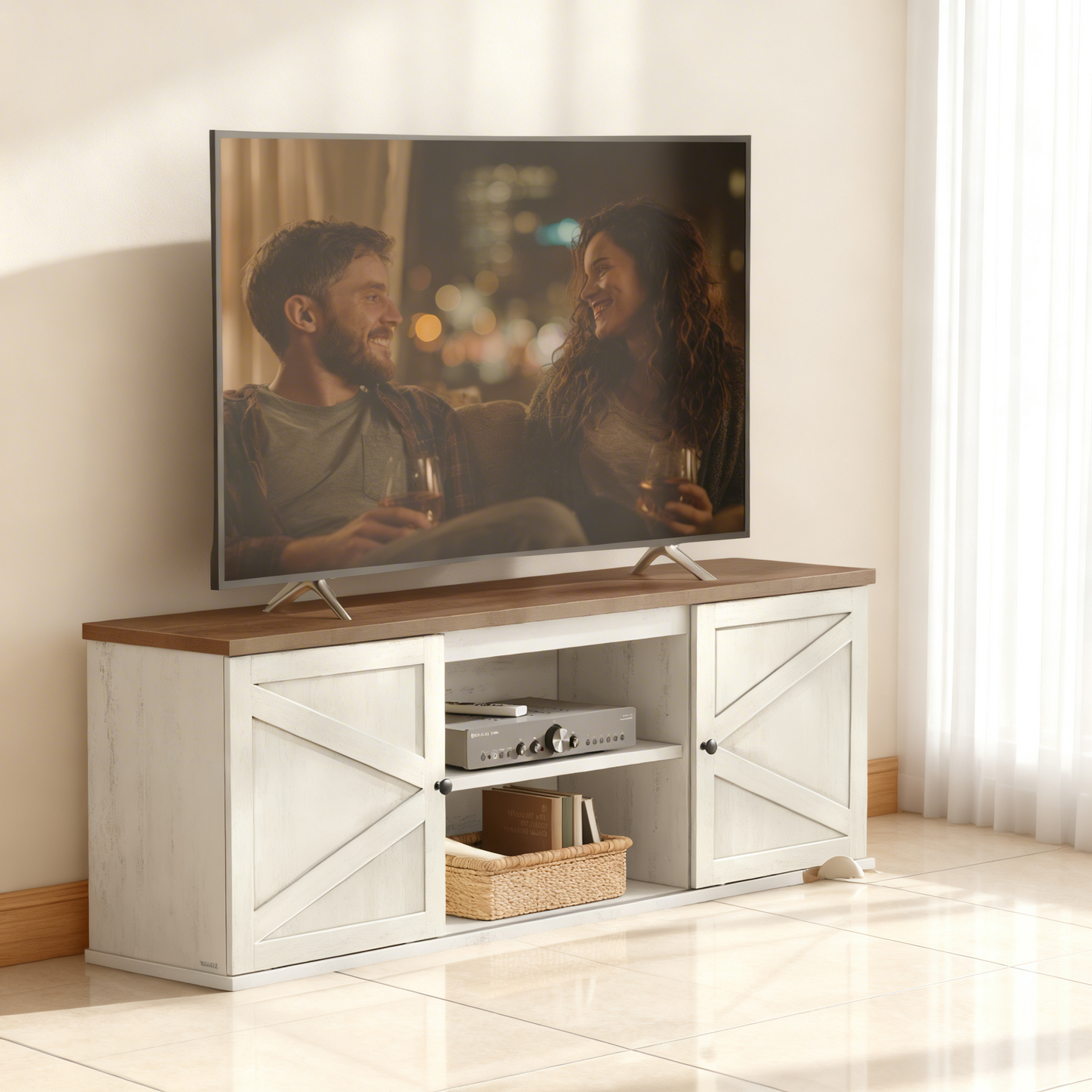 Farmhouse TV Stand for 80-Inch TVs, Entertainment Center with Sliding Barn Doors and 4 Storage Compartments, Rustic White and Brown
