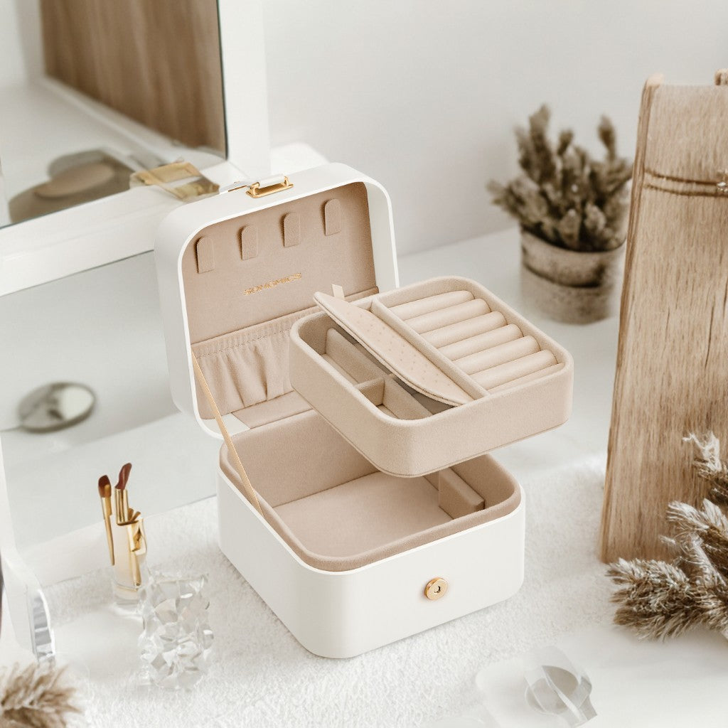 Travel Jewelry Organizer Case, 2-Layer Portable Jewelry Box with Removable Tray & Velvet Lining, for Earrings Rings Necklaces, Cloud White