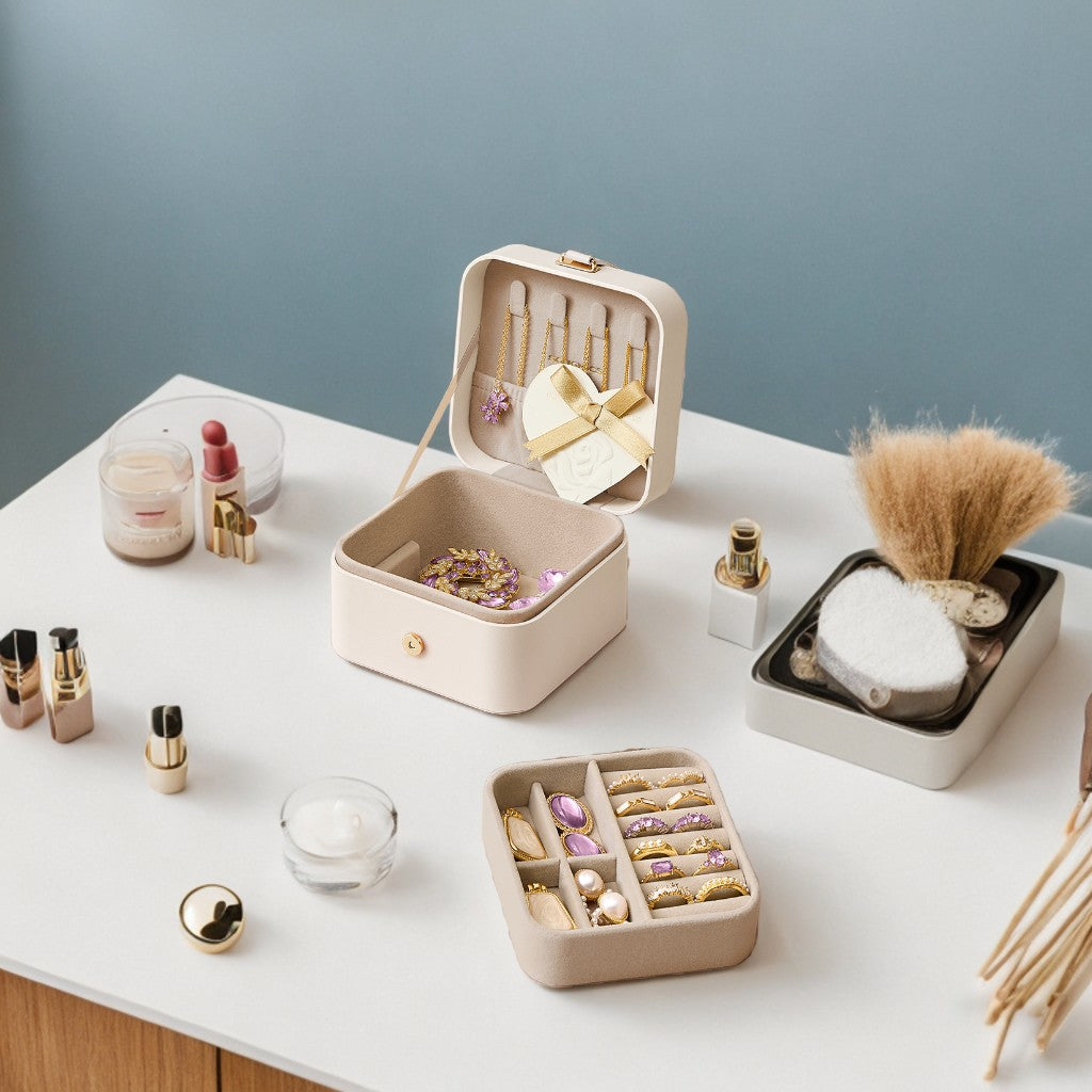 Travel Jewelry Organizer Case, 2-Layer Portable Jewelry Box with Removable Tray & Velvet Lining, for Earrings Rings Necklaces, Cloud White