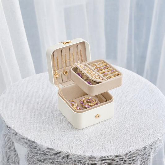 Travel Jewelry Organizer Case, 2-Layer Portable Jewelry Box with Removable Tray & Velvet Lining, for Earrings Rings Necklaces, Cloud White