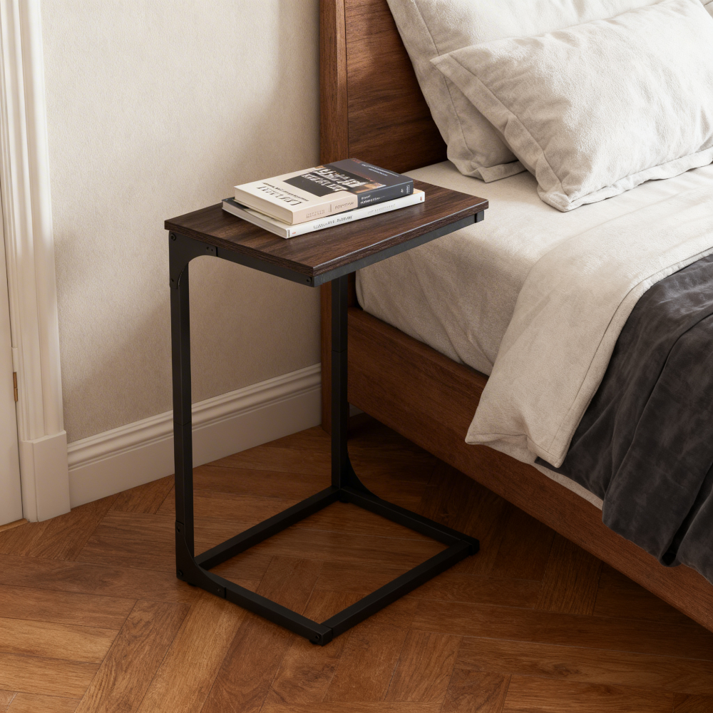C-Shaped End Table for Sofa, Side Table with Metal Frame & Adjustable Feet, Small TV Tray for Living Room, Bedroom, 15.7 x 26.3 x 11.8 Inches, Chestnut Brown and Black