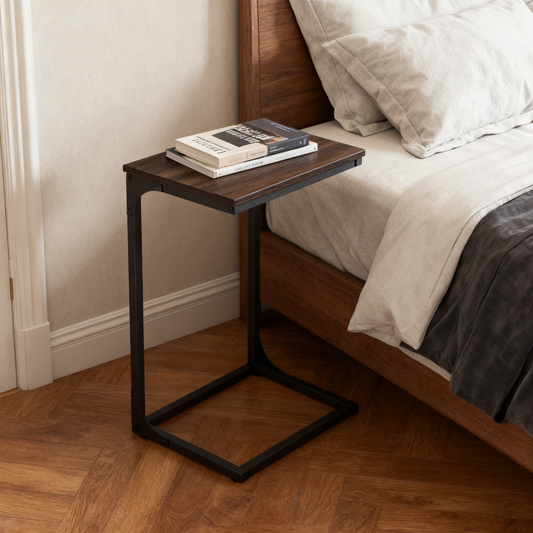 C-Shaped End Table for Sofa, Side Table with Metal Frame & Adjustable Feet, Small TV Tray for Living Room, Bedroom, 15.7 x 26.3 x 11.8 Inches, Chestnut Brown and Black
