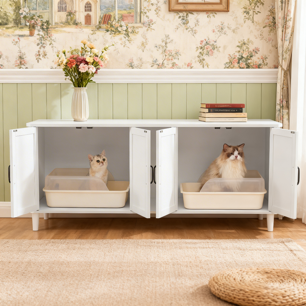Double Cat Litter Box Enclosure for 2 Cats, Hidden Litter Box Furniture with Front Entry, Side End Table & TV Stand, 59 x 19.5 x 20 Inches, Cloud White