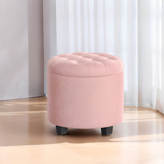 Round Velvet Storage Ottoman - 17.7" Foot Rest Stool with Hidden Compartment, 330lb Capacity, for Living Room, Bedroom, Dorm, Jelly Pink