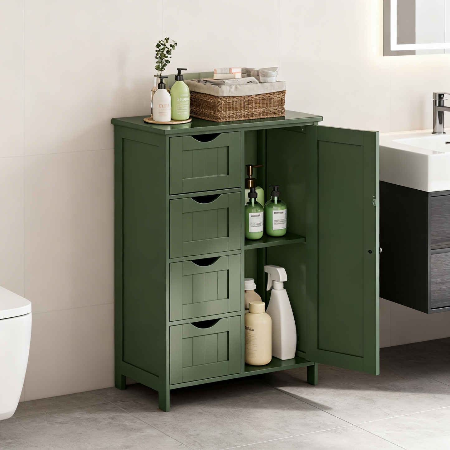 Freestanding Storage Cabinet with Drawers & Door, Adjustable Shelf Floor Cabinet for Bathroom, Living Room, Kitchen, 21.7 x 32.3 x 11.8 Inches, Forest Green