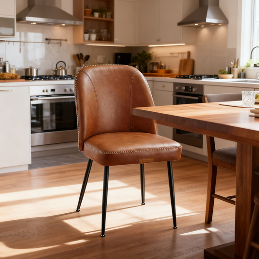 Set of 2 Mid-Century Modern Dining Chairs with Storage Pocket, Upholstered Kitchen Chairs with Synthetic Leather & Stitching, Award-Winning Design, Caramel Brown