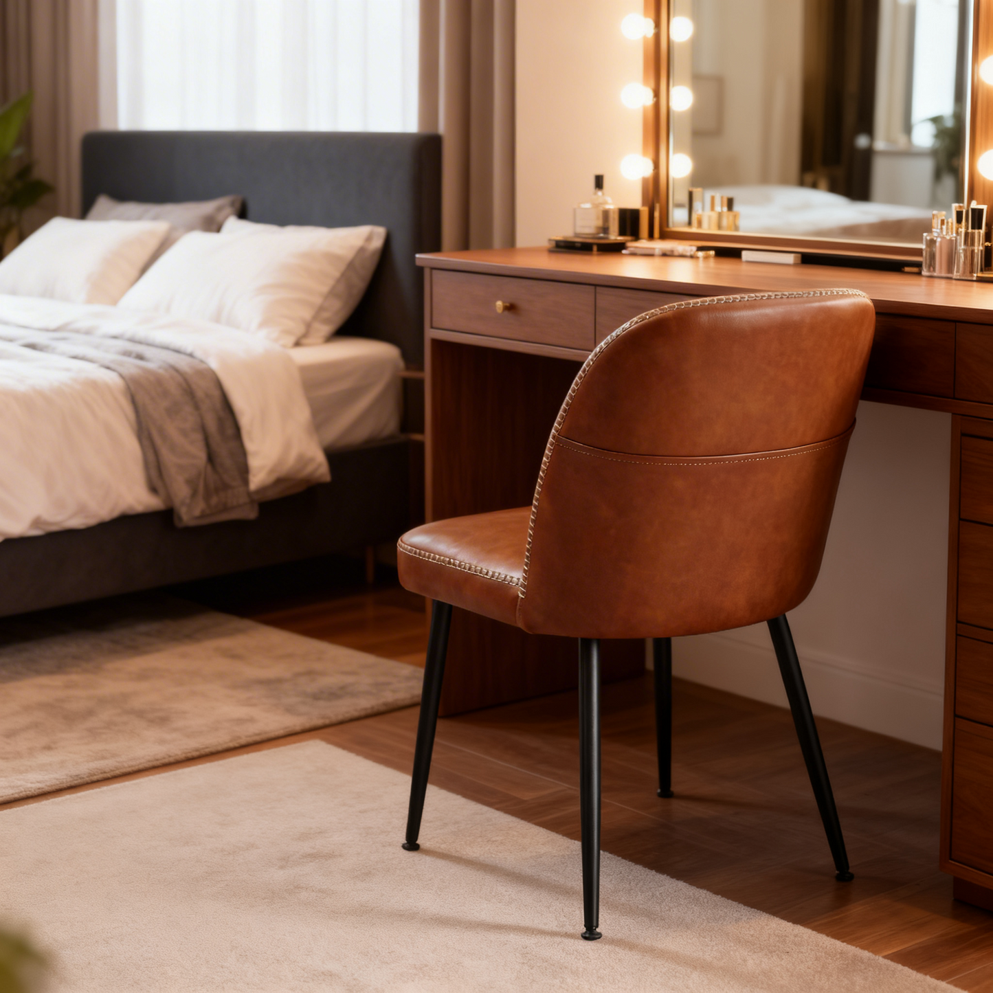 Set of 2 Mid-Century Modern Dining Chairs with Storage Pocket, Upholstered Kitchen Chairs with Synthetic Leather & Stitching, Award-Winning Design, Caramel Brown