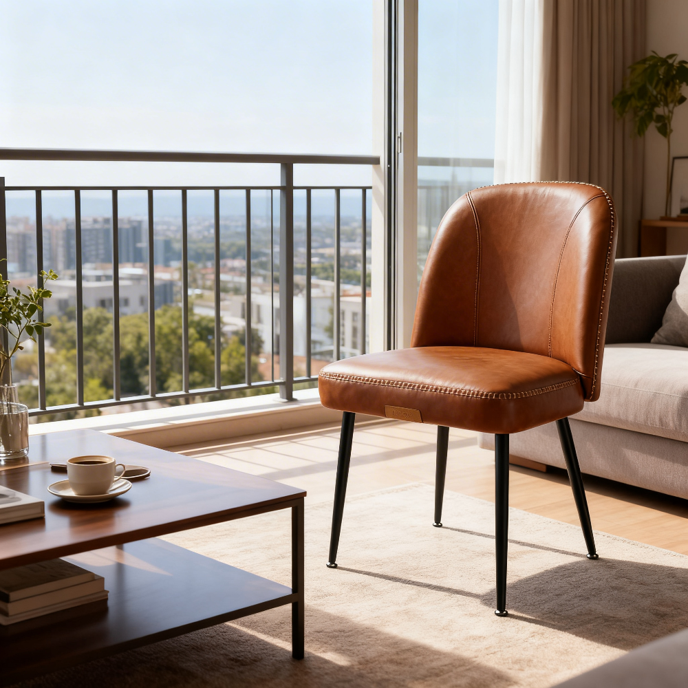 Set of 2 Mid-Century Modern Dining Chairs with Storage Pocket, Upholstered Kitchen Chairs with Synthetic Leather & Stitching, Award-Winning Design, Caramel Brown