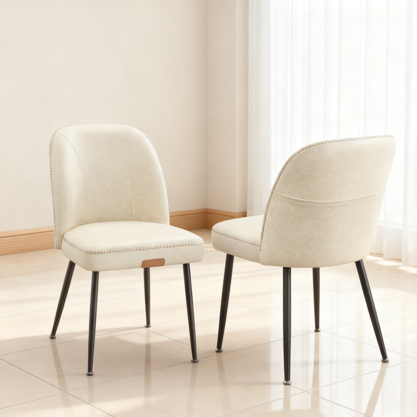 Set of 2 Mid-Century Modern Dining Chairs with Storage Pocket, Upholstered Kitchen Chairs with Synthetic Leather & Stitching, Award-Winning Design, Cream White