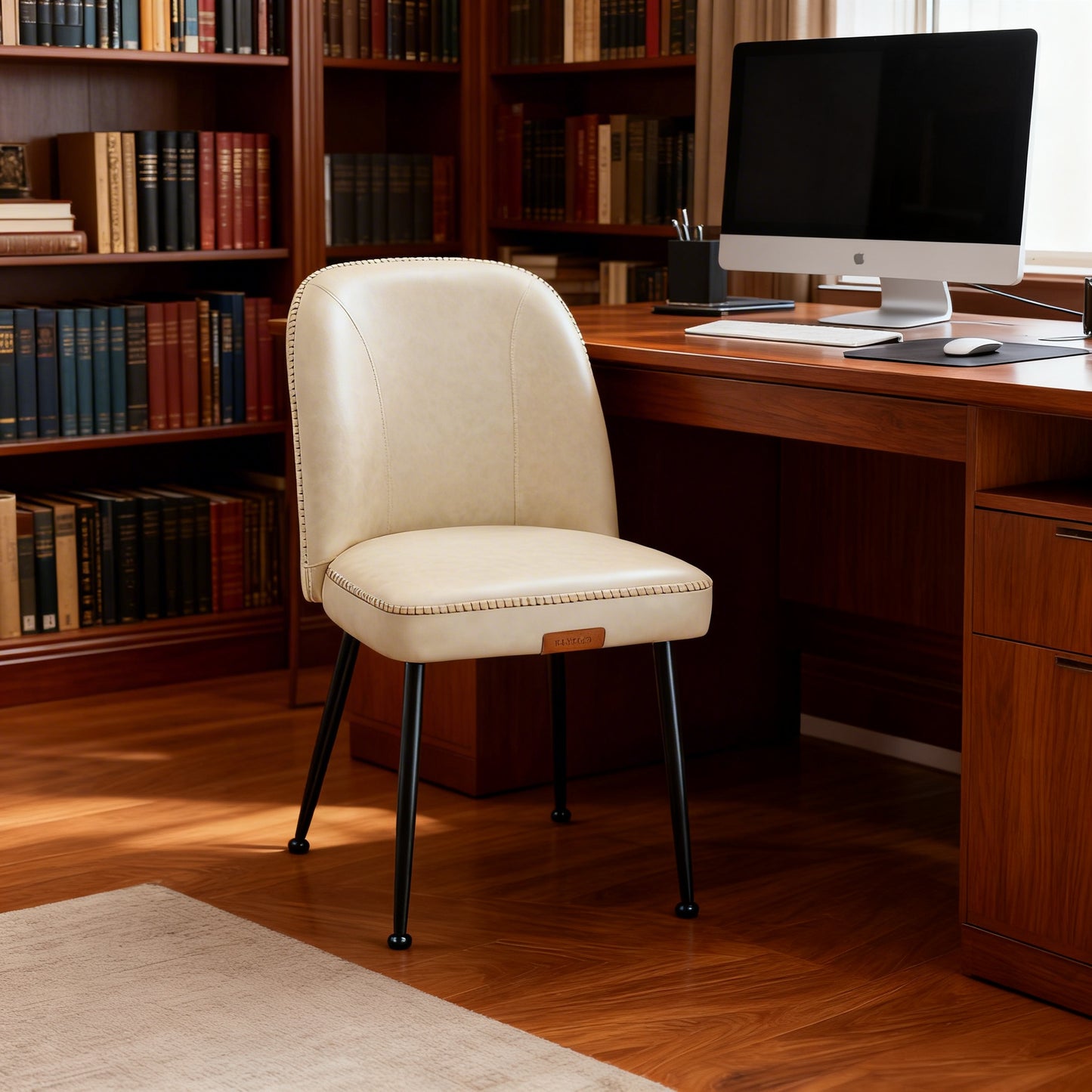 Set of 2 Mid-Century Modern Dining Chairs with Storage Pocket, Upholstered Kitchen Chairs with Synthetic Leather & Stitching, Award-Winning Design, Cream White