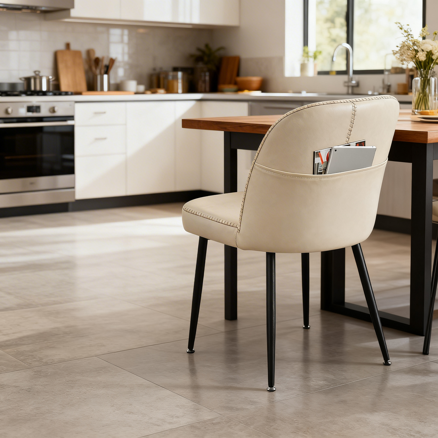 Set of 2 Mid-Century Modern Dining Chairs with Storage Pocket, Upholstered Kitchen Chairs with Synthetic Leather & Stitching, Award-Winning Design, Cream White