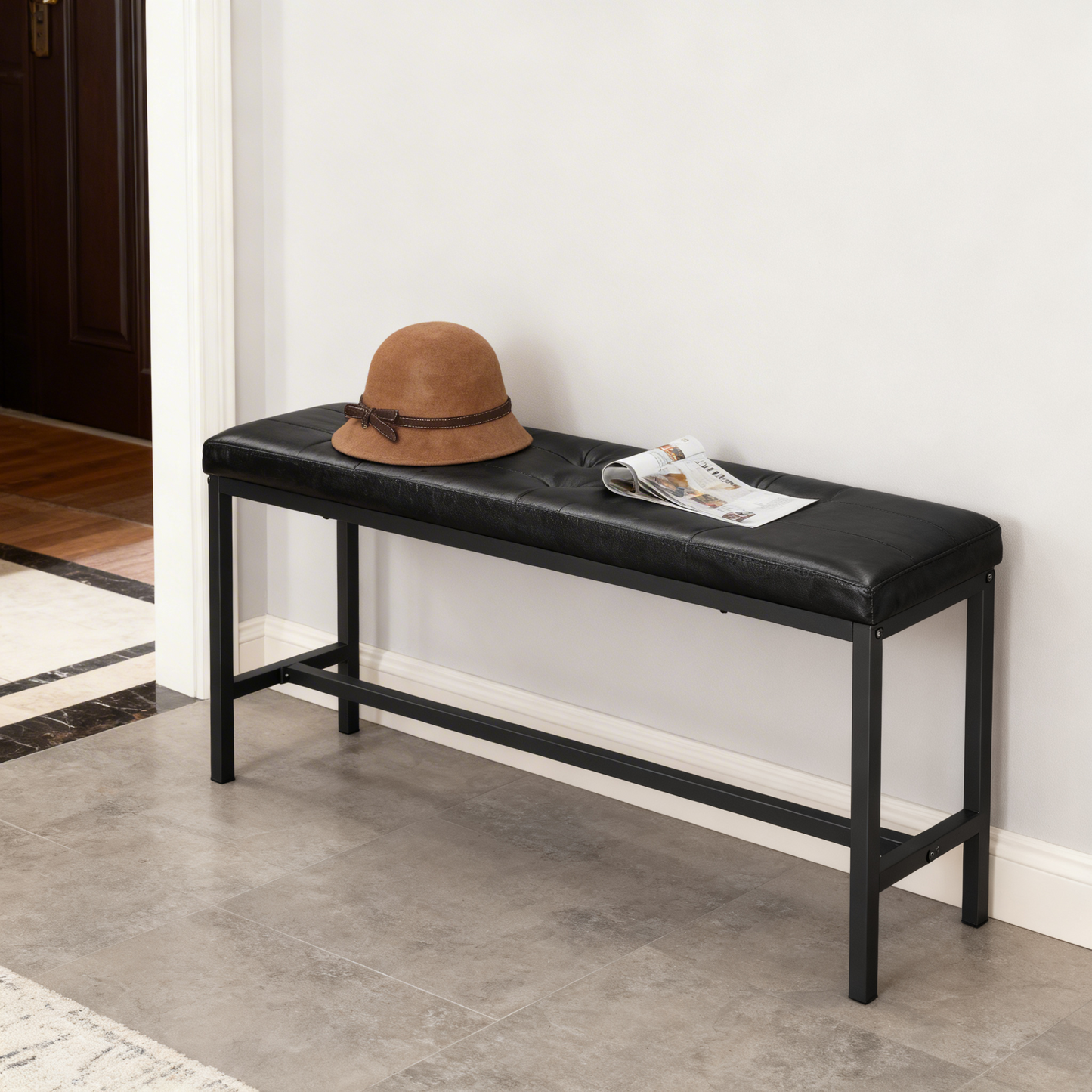 Dining Bench with PU Leather Padded Seat, 42.5-Inch Ottoman Bench for Dining Room, Living Room, Hallway, Bedroom, Black