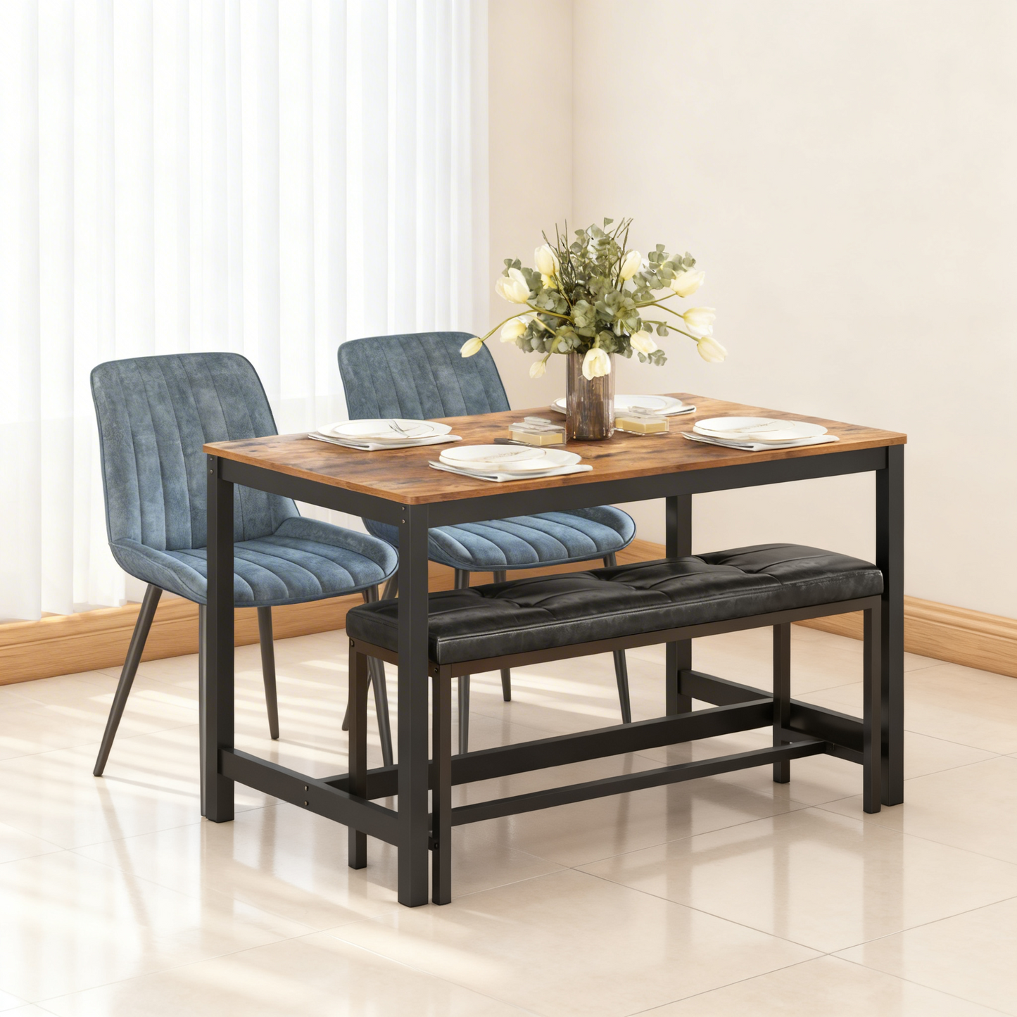 Dining Bench with PU Leather Padded Seat, 42.5-Inch Ottoman Bench for Dining Room, Living Room, Hallway, Bedroom, Black