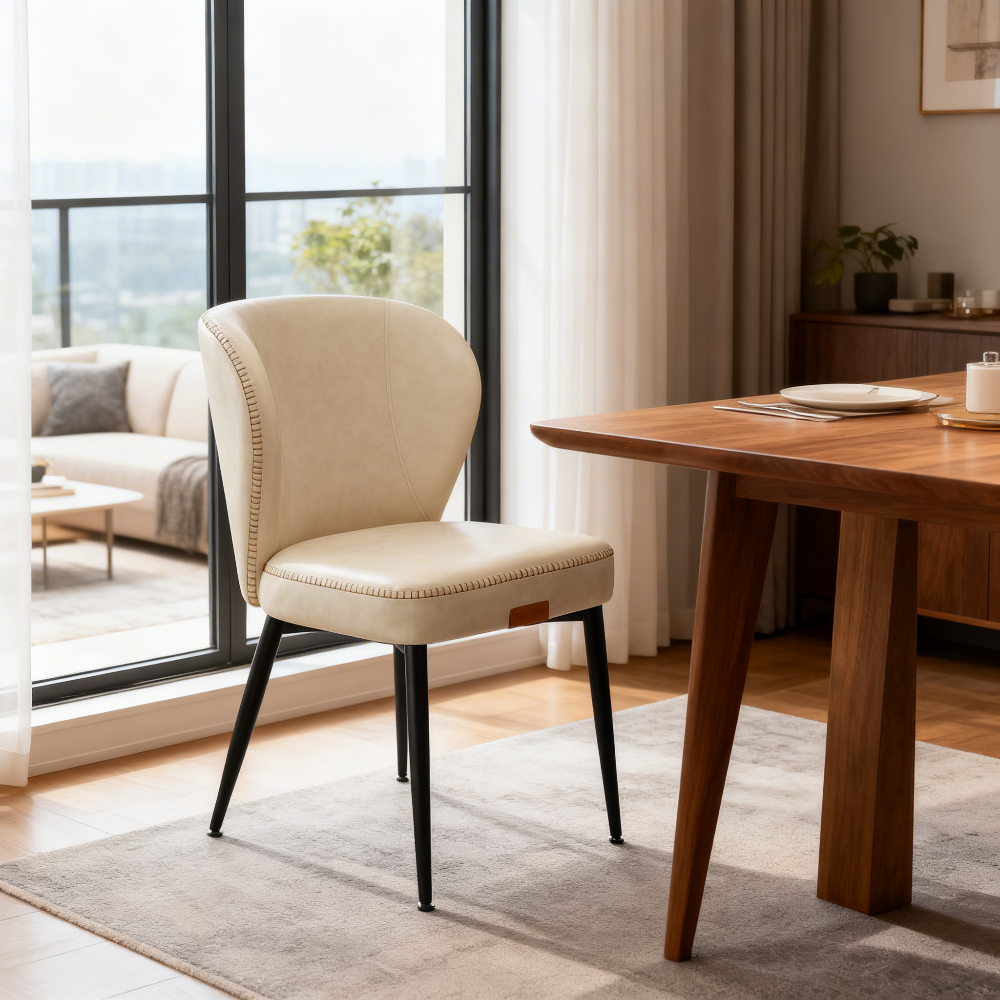 Set of 4 Mid-Century Modern Dining Chairs, Upholstered Kitchen Chairs with Synthetic Leather & Stitching, Award-Winning Design, Cream White