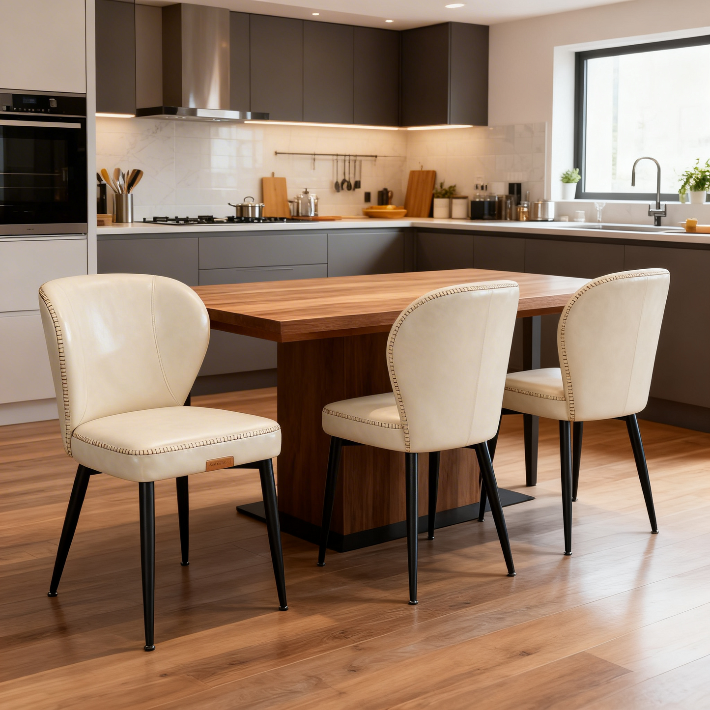 Set of 4 Mid-Century Modern Dining Chairs, Upholstered Kitchen Chairs with Synthetic Leather & Stitching, Award-Winning Design, Cream White