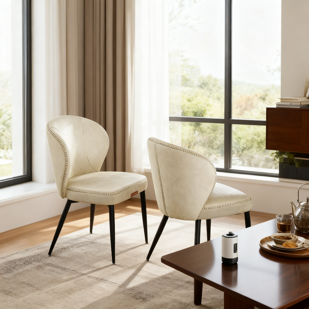 Set of 4 Mid-Century Modern Dining Chairs, Upholstered Kitchen Chairs with Synthetic Leather & Stitching, Award-Winning Design, Cream White