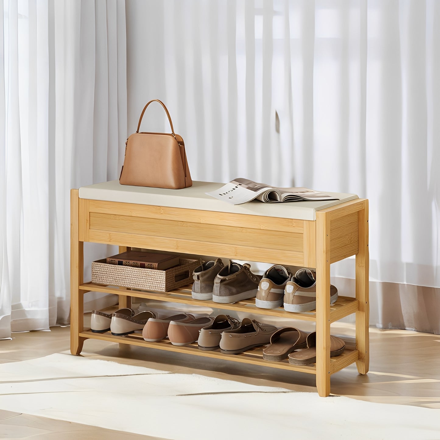 Storage Bench with 2-Tier Shoe Rack, 31.5" Wide Entryway Organizer with Hidden Compartments and Cushioned Seat，Beige
