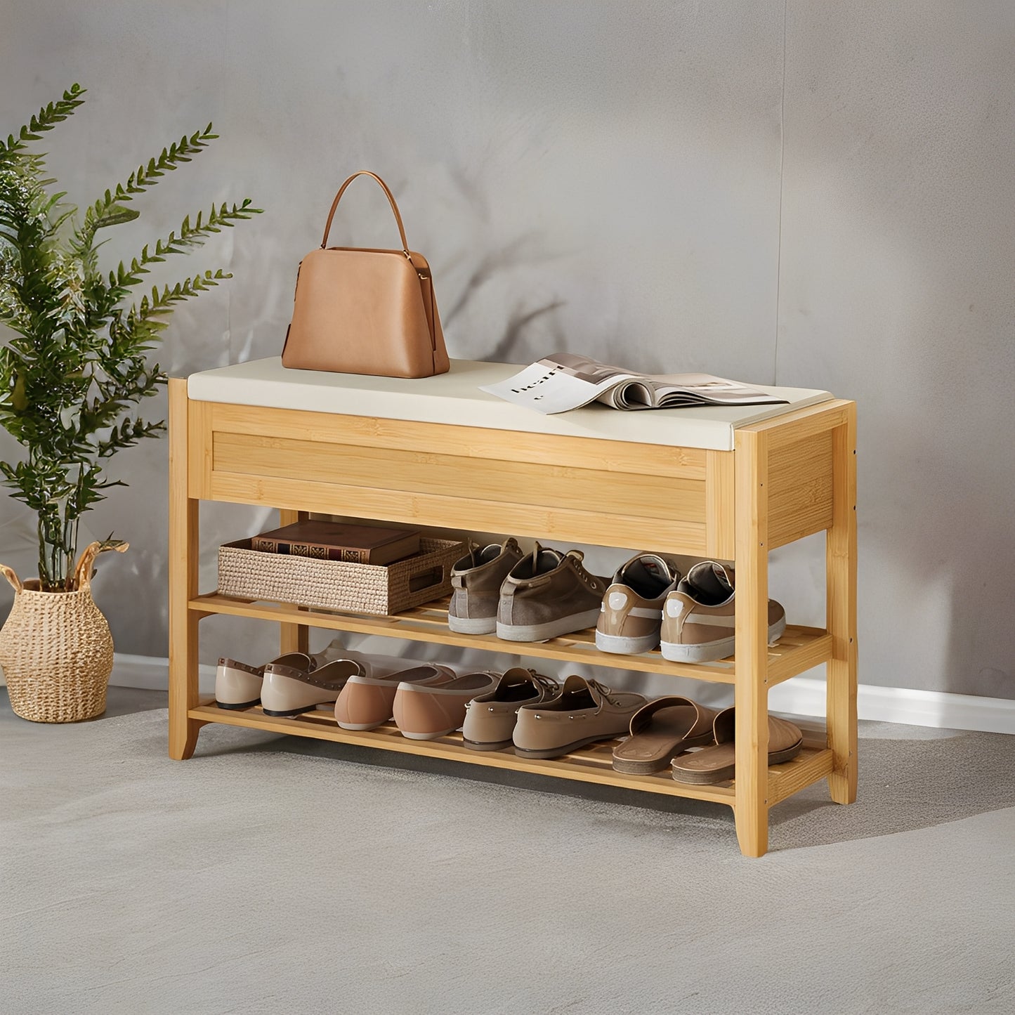 Storage Bench with 2-Tier Shoe Rack, 31.5" Wide Entryway Organizer with Hidden Compartments and Cushioned Seat，Beige