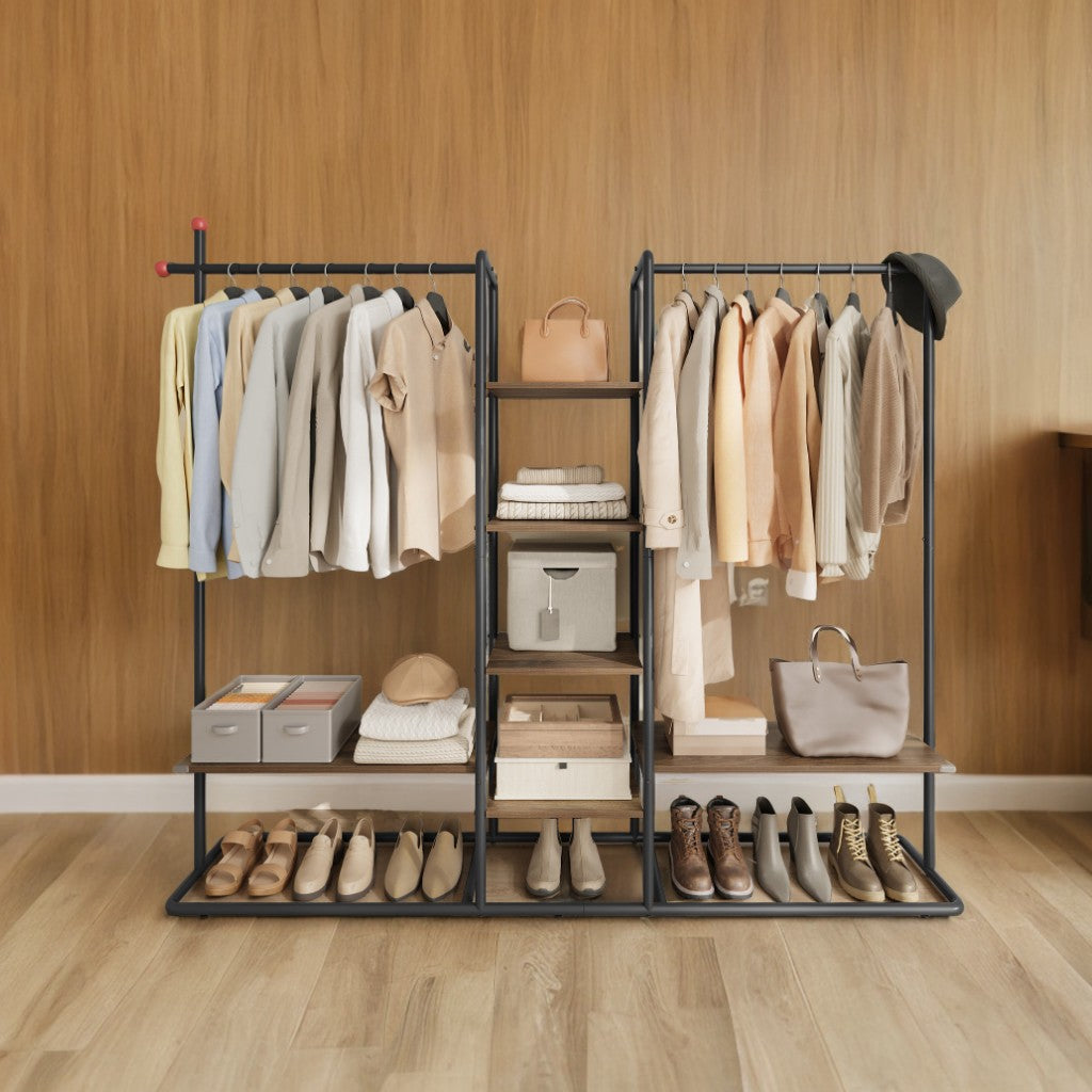 Freestanding Clothes Rack, Heavy-Duty Open Wardrobe with 6 Shelves & 2 Rails, Matchstick Hooks Design, for Bedroom Storage, Natural Walnut and Ink Black
