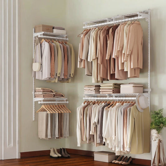 Closet Organizer System, 4-8 ft Wide Adjustable Shelving Unit with 6 Rods & 6 Shelves, Freestanding Storage Insert for Bedroom Pantry Garage, Cloud White