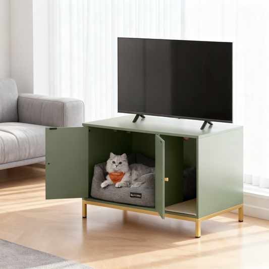 Cat Litter Box Enclosure with Scratch Pad, Hidden Litter Box Furniture with Double Cabinet Doors, Side End Table, Forest Green and Gold