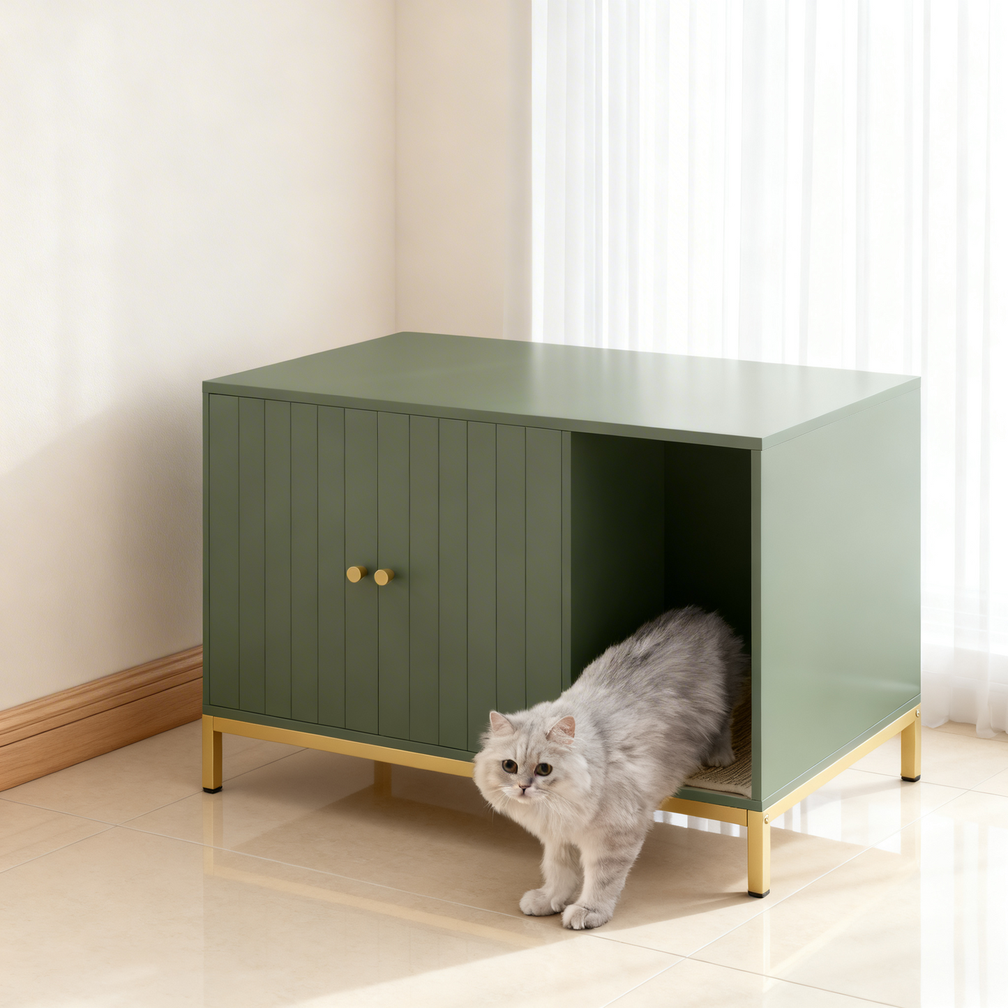 Cat Litter Box Enclosure with Scratch Pad, Hidden Litter Box Furniture with Double Cabinet Doors, Side End Table, Forest Green and Gold
