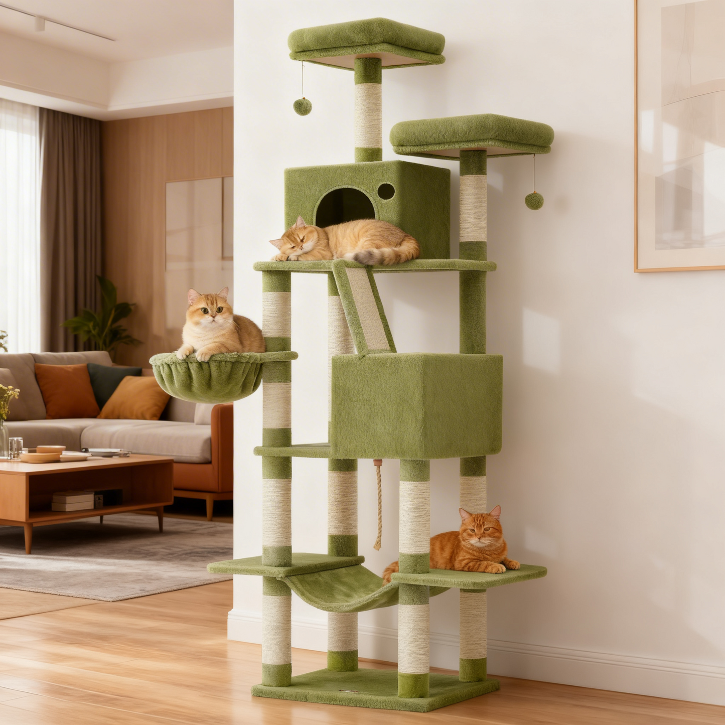 81.1-Inch Large Cat Tree Tower, Multi-Level Cat Condo with 13 Scratching Posts, 2 Perches, 2 Caves, Hammock & Basket, Green