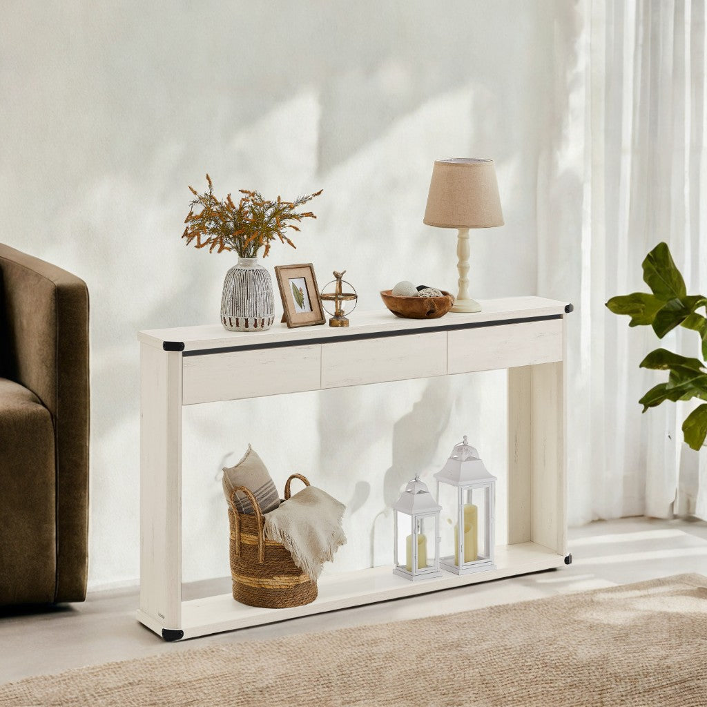 Farmhouse Console Table with 3 Drawers and Bottom Shelf, Narrow Sofa Table for Entryway, Living Room, Bedroom, Rustic White