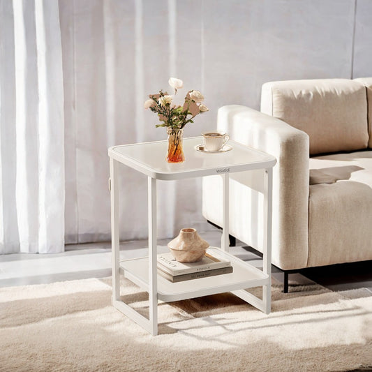 2-Tier LED End Table with Frosted Glass, Modern Bedside Table with Adjustable Lighting & Storage Shelf, Cloud White & Pearl White