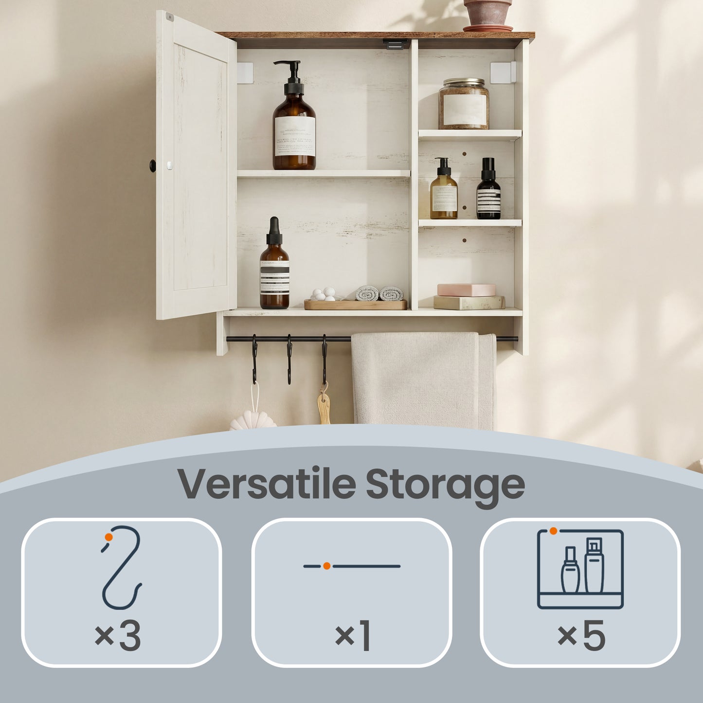 Wall Cabinet with Toolless Assembly, Farmhouse Medicine Cabinet with Adjustable Shelves & Hooks, for Bathroom, Kitchen, 23.6 x 23.6 x 5.9 Inches, Rustic White and Honey Brown